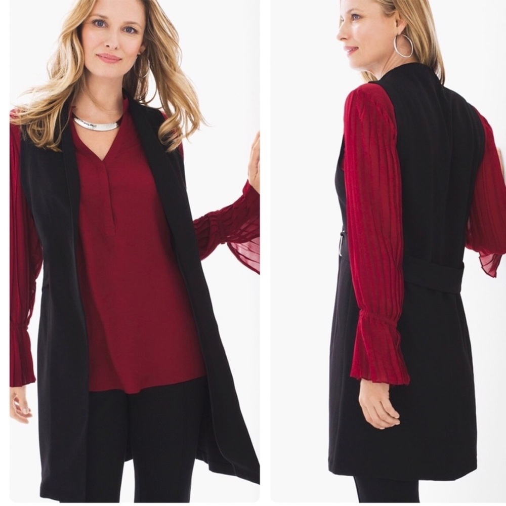 CHICO’S Black Crepe Vest Jacket Open Front Longline Women’s Size 2
